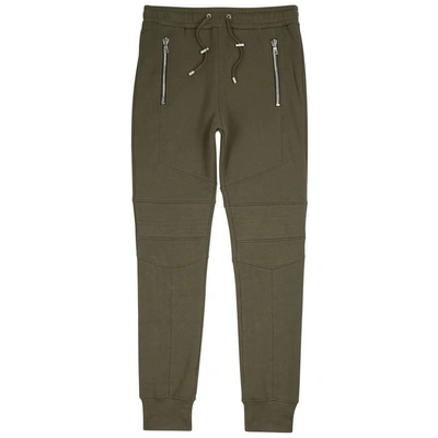 Shop Balmain Army Green Panelled Cotton Sweatpants In Khaki