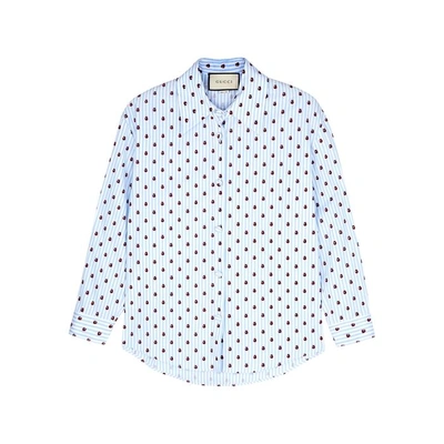 Shop Gucci Printed Striped Cotton Shirt In Blue