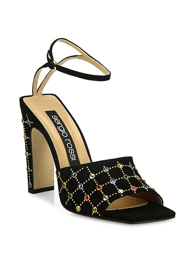 Shop Sergio Rossi Jeweled Suede Ankle-strap Sandals In Nero