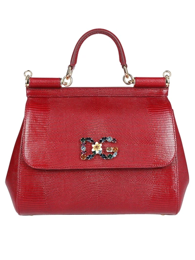 Dolce & Gabbana Small Calfskin Sicily Bag With Iguana-print And Dg Crystal  Logo Patch in Black