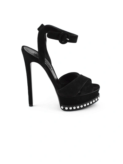 Shop Casadei Black Suede Leather Embellished Platform Sandals. In Nero