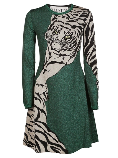 Shop Valentino Tiger Motif Dress In Green