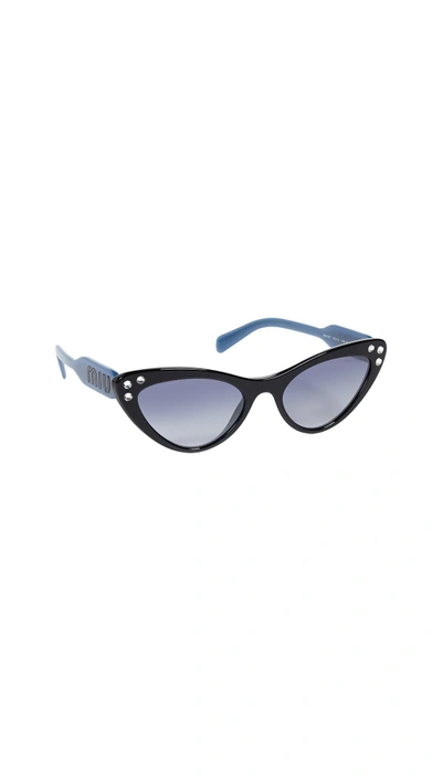 Shop Miu Miu Crystals Cat Eye Sunglasses In Black/blue Mirror