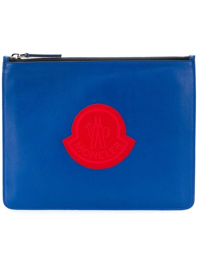 Shop Moncler Embroidered Logo Clutch In Blue
