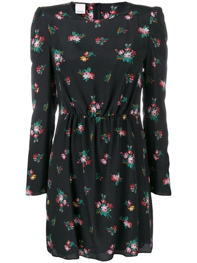 Shop Pinko Ruched Floral Mini Dress In Black