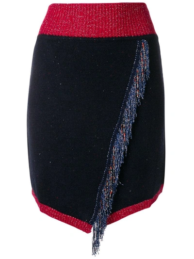 Shop Pinko Fringed Knitted Wrap Front Skirt In Blue