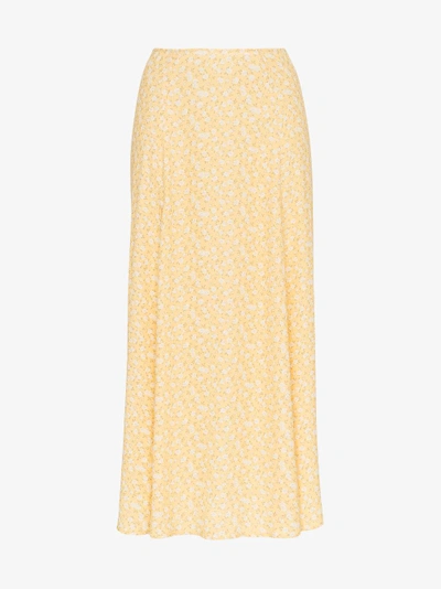 Shop Reformation High Rise Floral Print Midi Skirt In Yellow/orange