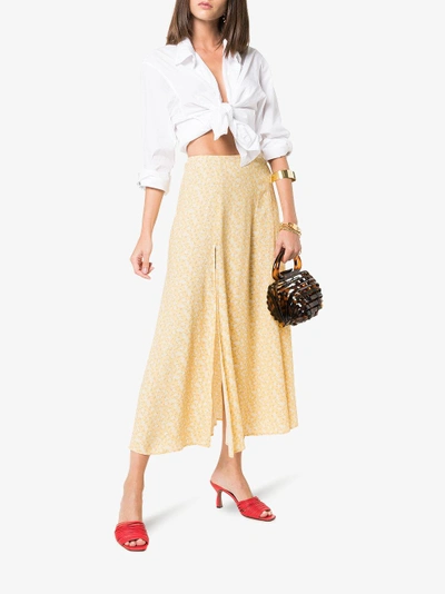 Shop Reformation High Rise Floral Print Midi Skirt In Yellow/orange