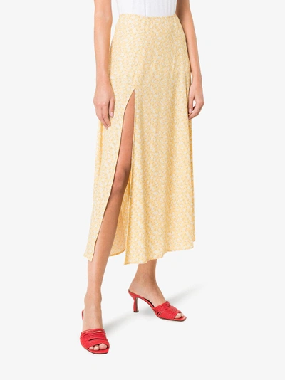 Shop Reformation High Rise Floral Print Midi Skirt In Yellow/orange