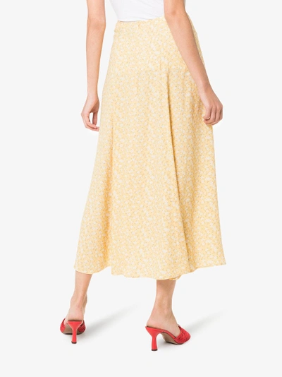 Shop Reformation High Rise Floral Print Midi Skirt In Yellow/orange