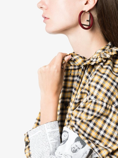 Shop Fendi Logo Leather Hoop Earrings In Metallic