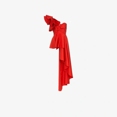 Shop Johanna Ortiz Paso Doble Asymmetric Ruffled Top In Red