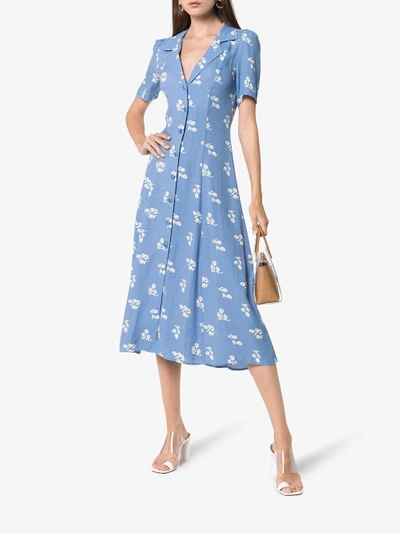 Shop Reformation Clarice Floral Print Buttoned Dress In Blue