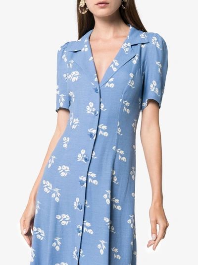 Shop Reformation Clarice Floral Print Buttoned Dress In Blue