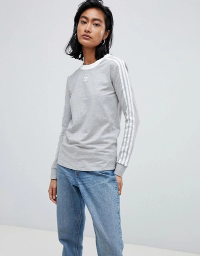 Shop Adidas Originals Three Stripe Long Sleeve T-shirt In Gray