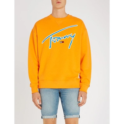 Shop Tommy Jeans Signature Cotton-jersey Sweatshirt In Orange Peel