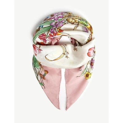 Shop Gucci Butterfly Floral Print Silk Scarf In Multi