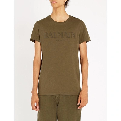 Shop Balmain Logo-print Cotton-jersey T-shirt In Kaki