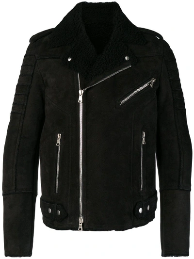 Shop Balmain Shearling Biker Jacket In Black