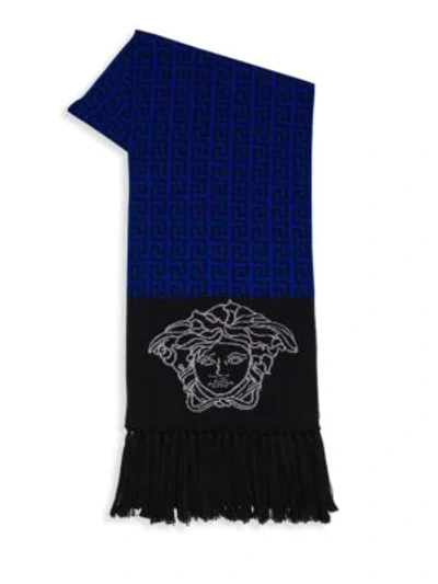 Shop Versace Colorblock Wool Scarf In Blue Black