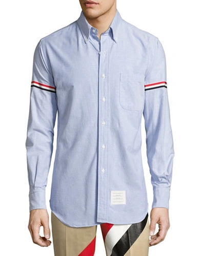Shop Thom Browne Classic Arm-stripe Long-sleeve Oxford Shirt In Blue