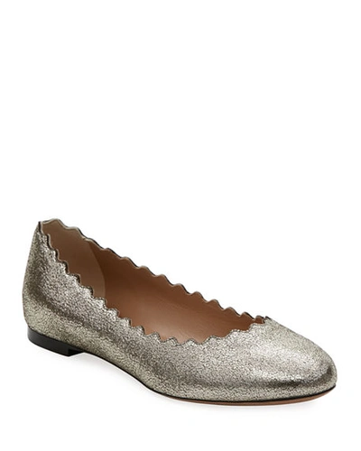 Shop Chloé Lauren Scalloped Metallic Leather Ballet Flats In Gray Metallic