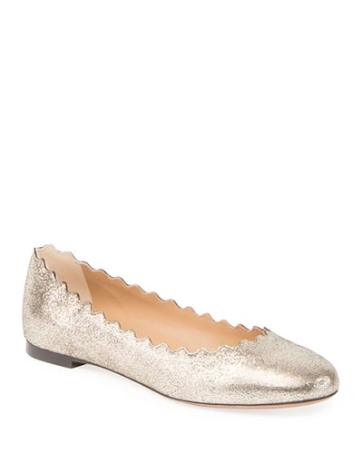 Shop Chloé Lauren Scalloped Metallic Leather Ballet Flats In Grey Glitter