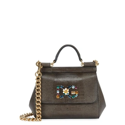 Shop Dolce & Gabbana Miss Sicily Small Iguna-effect Leather Tote In Grey