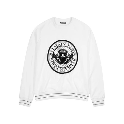 Shop Balmain White Logo Cotton Sweatshirt