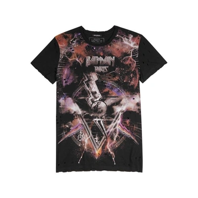 Shop Balmain Galaxy-print Distressed Cotton T-shirt In Black