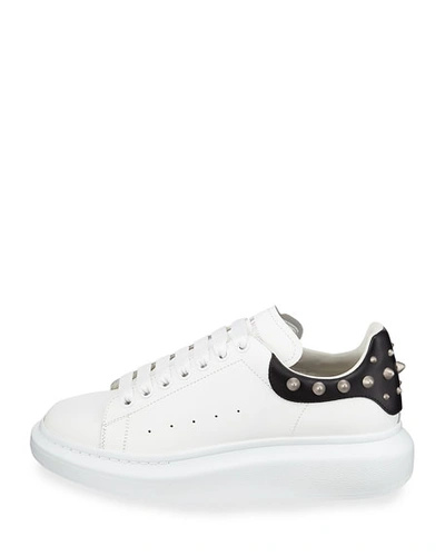 Shop Alexander Mcqueen Men's Larry Leather Lace-up Platform Sneakers With Spiked Trim In White/black