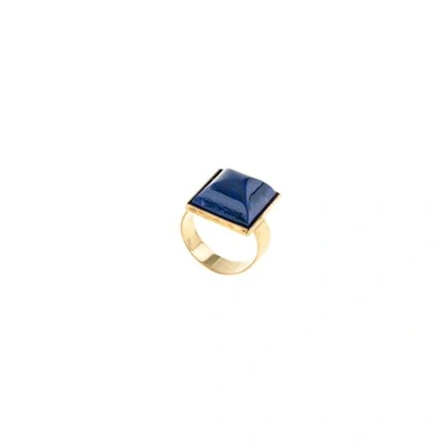 Shop Halo & Co Love Me Ring. A Deep Blue Facetted Chunky Ring In Antique Gold Tone