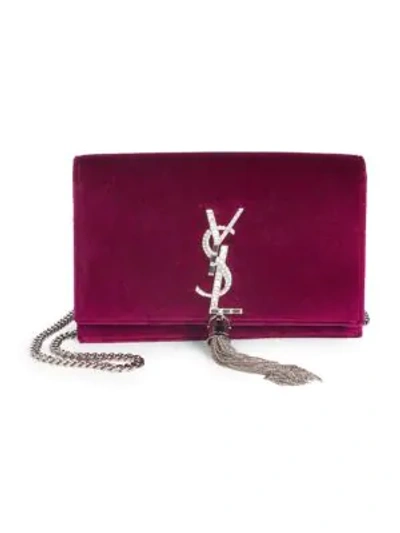 Shop Saint Laurent Kate Velvet Crossbody Clutch In Dark Fuchsia