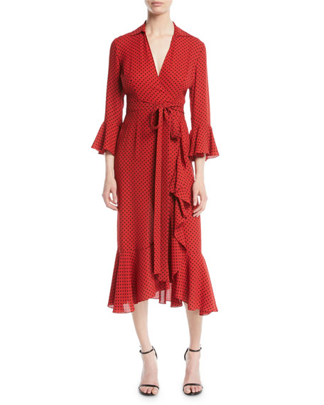 Michael Kors Ruffled Polka-Dot Silk-Georgette Wrap Dress In Red | ModeSens