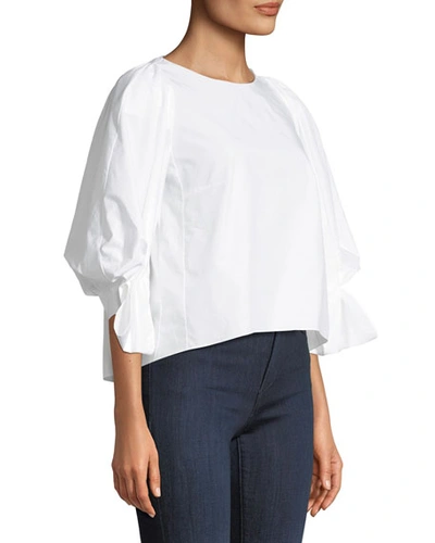 Shop Delpozo Round-neck Balloon-sleeve Cotton Poplin Top In White