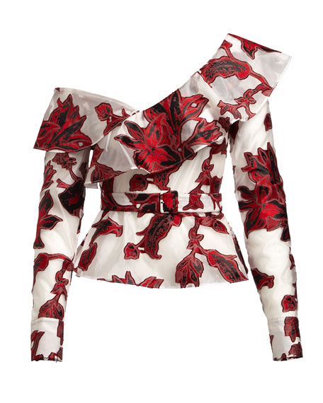 Self-portrait One-shoulder Floral Fil Coupe Top In Red | ModeSens