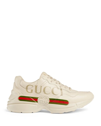 Shop Gucci Rhyton  Print Leather Trainer In Ivoire