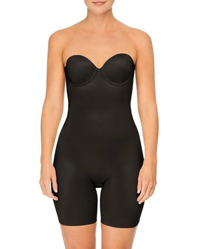 Shop Spanx Suit Your Fancy Strapless Cupped Mid-thigh Shaping Bodysuit In Very Black