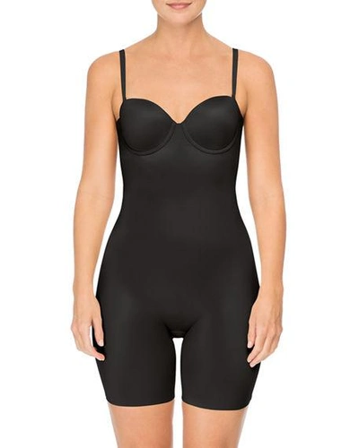 Shop Spanx Suit Your Fancy Strapless Cupped Mid-thigh Shaping Bodysuit In Very Black