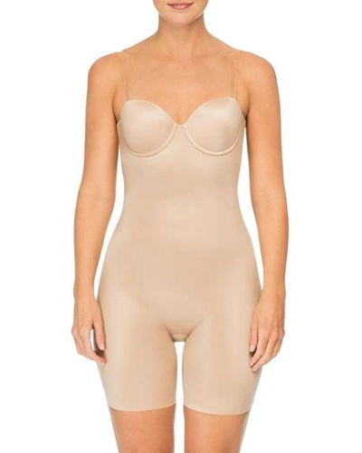 Shop Spanx Suit Your Fancy Strapless Cupped Mid-thigh Shaping Bodysuit In Champagne