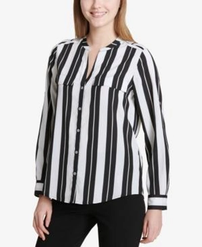 Shop Calvin Klein Striped Roll-tab Shirt In Black/white Combo