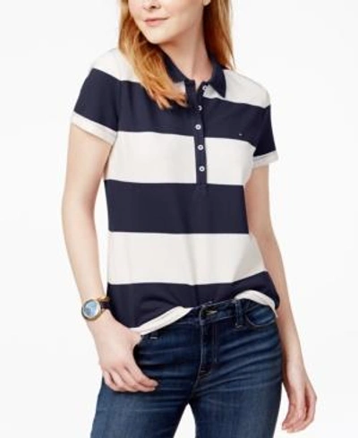 Shop Tommy Hilfiger Striped Pique Polo Shirt In Navy