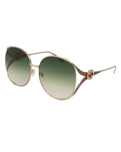 Shop Gucci Oval Web Gg Sunglasses, Yellow Pattern In Rose Gold