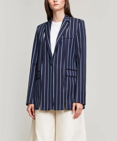 Shop Rokh Striped Wool And Cotton Blazer In Navy