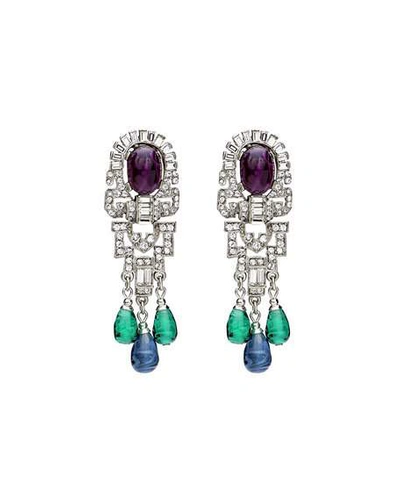 Shop Ben-amun Silver Crystal Oval Topa And Emerald Sapphire Drop Clip-on Earrings In Multi