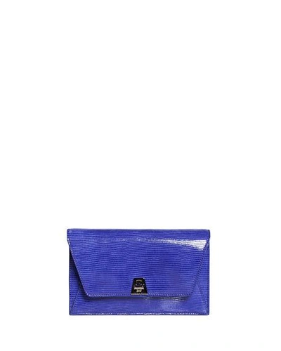 Shop Akris Anouk Lizard-print Clutch Bag W/ Chain In Blue