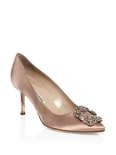 Shop Manolo Blahnik Hangisi 70 Embellished Satin Pumps In Flesh