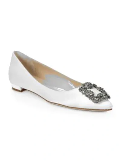 Shop Manolo Blahnik Hangisi 25 Embellished Satin Flats In White