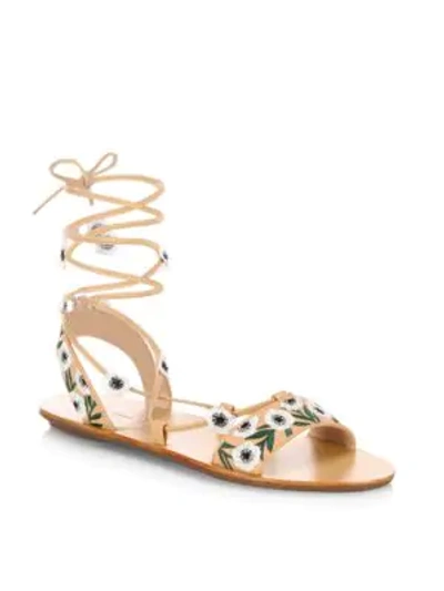 Shop Loeffler Randall Fleura Embroidered Vachetta Leather Ghillie Sandals In Wheat Anemone