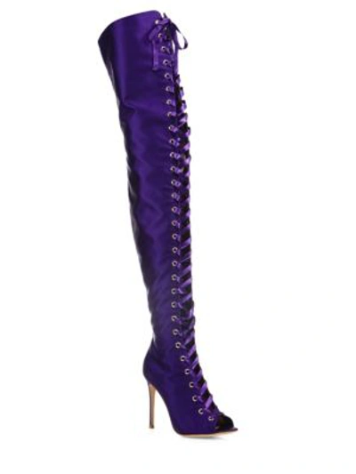 Shop Gianvito Rossi Marie Satin Over-the-knee Lace-up Peep Toe Boots In Mirth